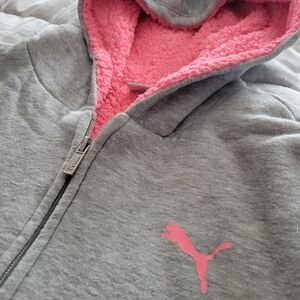 Puma Kids Gray Zip Hoodie with Pink Sherpa Hood